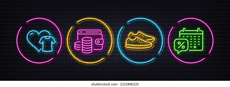 Zapatos, dinero de la cartera y íconos mínimos de la línea de ropa. Luces 3d láser neón. Descubre los iconos del calendario. Para web, aplicación, impresión. Calzado de moda, Monedas, Camisa Donada. Mes de venta. Vector