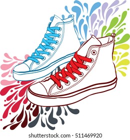 shoes white sneakers with red laces and blue, against a bright background with color splashes