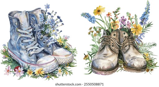 Shoes with Wildflower Bouquets watercolor