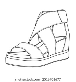 Shoes Women's Wedge Sandal with ankle strap Line art,Technical sketch hand drawing outline vector doodle illustration 3D isometric view isolated on white background