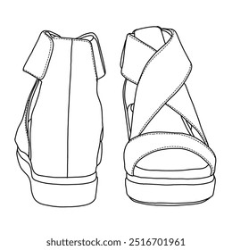 Shoes Women's Wedge Sandal with ankle strap Line art,Technical sketch hand drawing outline vector doodle illustration front and rear view isolated on white background