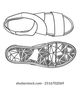 Shoes Women's Wedge Sandal with ankle strap Line art,Technical sketch hand drawing outline vector doodle illustration top and bottom view isolated on white background