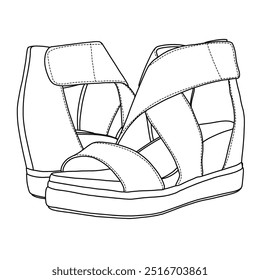 Shoes Women's Wedge Sandal with ankle strap Line art,Technical sketch hand drawing outline vector doodle illustration side and rear view isolated on white background