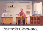 Shoes workshop. Professional master shoemaker repair different shoes exact vector cartoon background