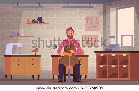 Shoes workshop. Professional master shoemaker repair different shoes exact vector cartoon background