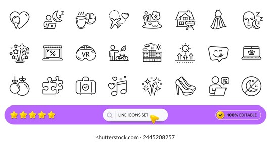 Shoes, Yummy smile and Home grill line icons for web app. Pack of Sleep, Hotel, Insomnia pictogram icons. Carry-on baggage, Coffee break, Puzzle signs. Dress, Fishing place, Fireworks stars. Vector