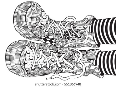 Shoes In Zentangle Style, Hand-drawn Sneakers. Pattern For Adult Coloring Book. Black And White Vector Sketch. Line Art. A4 Size.