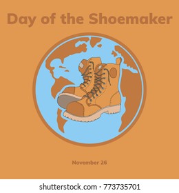 Shoes-maker day. Flat vector stock illustration. Earth with shoes pair