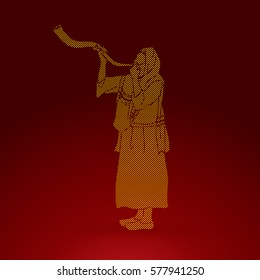 Shofar blowing, Kudu shofar blower design using dots pixels graphic vector.