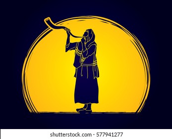 Shofar blowing, Kudu shofar blower design on moonlight graphic vector.