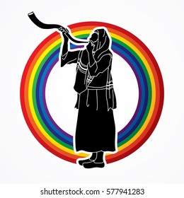 Shofar blowing, Kudu shofar blower design on line rainbows graphic vector.