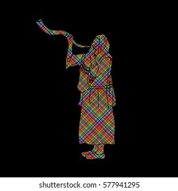 Shofar blowing, Kudu shofar blower design using colorful pixels graphic vector.