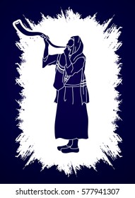 Shofar blowing, Kudu shofar blower design on grunge frame graphic vector.