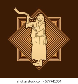 Shofar blowing, Kudu shofar blower design on line square graphic vector.