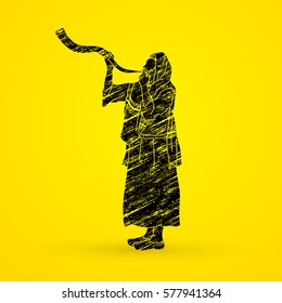 Shofar blowing, Kudu shofar blower design using grunge brush graphic vector.