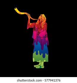 Shofar blowing, Kudu shofar blower design using melting colors graphic vector.