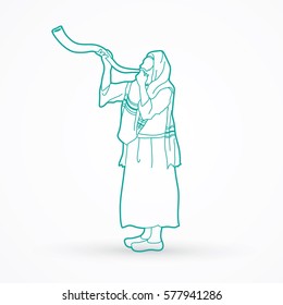 Shofar blowing, Kudu shofar blower outline graphic vector.