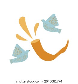 Shofar (horn) of Rosh Hashanah (Jewish New Year, Sukkot, Yom Kippur). Religious symbol. Shofar - Horn isolated on white background. Vector illustration. Shofar icon, banner, shofar Yom Kippur, Israel