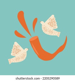 Shofar (horn) of Rosh Hashanah (Jewish New Year, Sukkot, Yom Kippur). Religious symbol. Shofar - Horn isolated on white background. Vector illustration. Shofar icon, banner, shofar Yom Kippur, Israel
