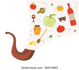 shofar (horn) with set of icons over white background. rosh hashanah (Jewish new year)concept . traditional holiday symbol. 