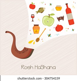 shofar (horn) with set of icons over textured background. rosh hashanah (new year)concept . traditional holiday symbol. 