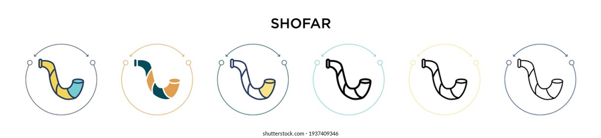 Shofar icon in filled, thin line, outline and stroke style. Vector illustration of two colored and black shofar vector icons designs can be used for mobile, ui, web