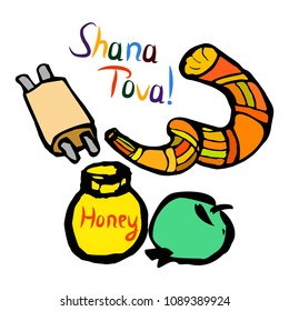 Shofar on Rosh Hashanah. Sketch, doodle, hand draw. Lettering inscription translated Shana Tova Happy Rosh Hashanah. Torah scroll, honey, apple. Vector illustration on isolated background.