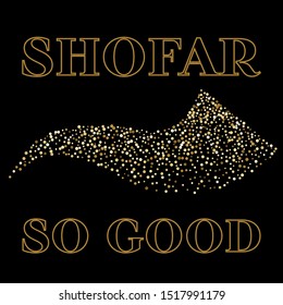 Shofar Yom Kippur greeting card, vector illustration. Golden sparkle confetti on black background. Jewish holiday prayer horn. Random polka dots.