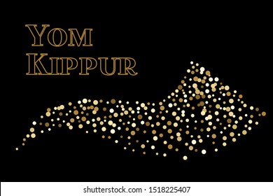 Shofar Yom Kippur greeting card, vector illustration. Golden sparkle confetti on black background. Jewish holiday prayer horn. Random polka dots.