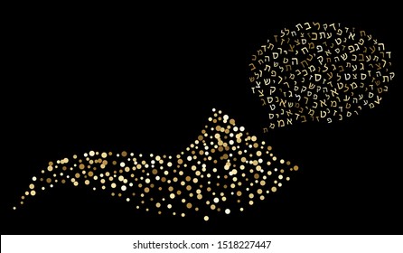 Shofar Yom Kippur greeting card, vector illustration. Golden sparkle confetti on black background. Jewish holiday prayer horn. Random polka dots.