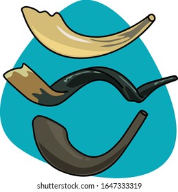 Shofars from ram and Kudu horns for Rosh Hashanah (jewish New Year holiday). On blue background.