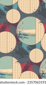 shoji wall landscape spring geometry japanese chinese traditional vector illustration card background seamless pattern colorful watercolor ink textured