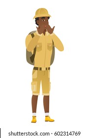 Shoked african-american traveler covering his mouth with hand. Full length of shoked traveler. Traveler with a shocked facial expression. Vector flat design illustration isolated on white background.