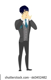 Shoked asian bridegroom covering his mouth with hands. Full length of young shoked bridegroom. Groom with a shocked facial expression. Vector flat design illustration isolated on white background.