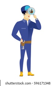 Shoked asian mechanic with magnifying glass. Full length of mechanic with magnifying glass. Mechanic looking through a magnifying glass. Vector flat design illustration isolated on white background.