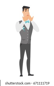 Shoked caucasian groom covering his mouth with hands. Full length of young shoked groom. Groom with a shocked facial expression. Vector flat design illustration isolated on white background.