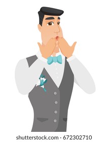 Shoked caucasian groom covering his mouth with hands. Young shoked groom. Groom with a shocked facial expression. Vector flat design illustration isolated on white background.