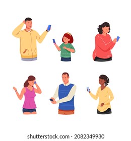 Shoked people with phone. Sad woman looking mobile message, surprise man read shock news in smartphone app, girl crying telephone, expression emotions hands, garish vector illustration