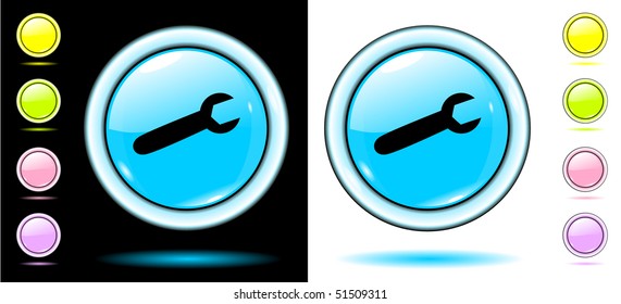 Shone blue buttons technical help, with reflexion on a black and white background