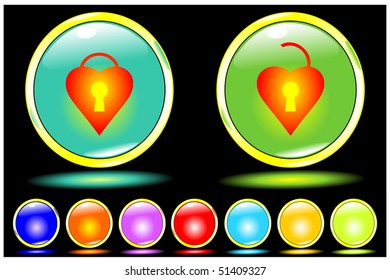Shone buttons with hearts reflection on a black background the lock and unlock