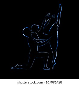 Shone silhouette of ballet couple on a black background, a neon brush, EPS 10