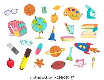 Shool objects for studying. Hand drawn flat cartoon elements. Vector illustration