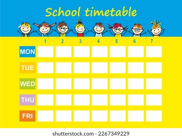 Shool timetable, children, office page, seven educational lessons, vector illustration