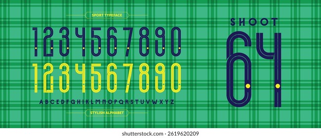 Shoot 64: Condensed stylish number. Sport jersey design concept with green color combination. Custom sport uniform, ultra condensed typography. Vector illustration