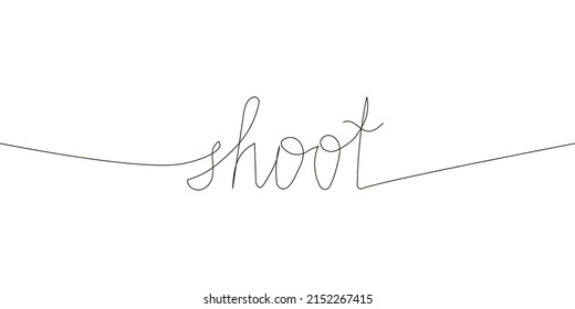 Shoot continuous line drawing. One line art of english hand written lettering of shooting, fire, war, skirmish, protection.