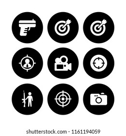 shoot icon. 9 shoot set with goal, camera, film and target vector icons for web and mobile app