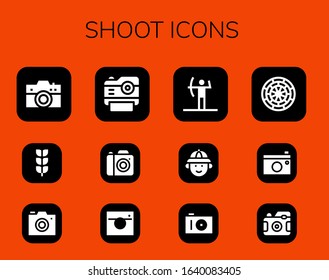 shoot icon set. 12 filled shoot icons.  Simple modern icons such as: Camera, Growing plant, Photo camera, Archery, Hunter, Dart board