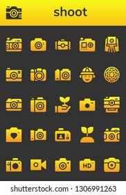 shoot icon set. 26 filled shoot icons.  Collection Of - Photo camera, Camera, Hunter, Dart board, Sprout, Growing plant
