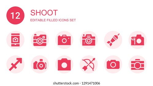 shoot icon set. Collection of 12 filled shoot icons included Camera, Photo camera, Dart board, Sagittarius, Archery