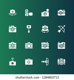 shoot icon set. Collection of 16 filled shoot icons included Photo camera, Crossbow, Camera, Archery